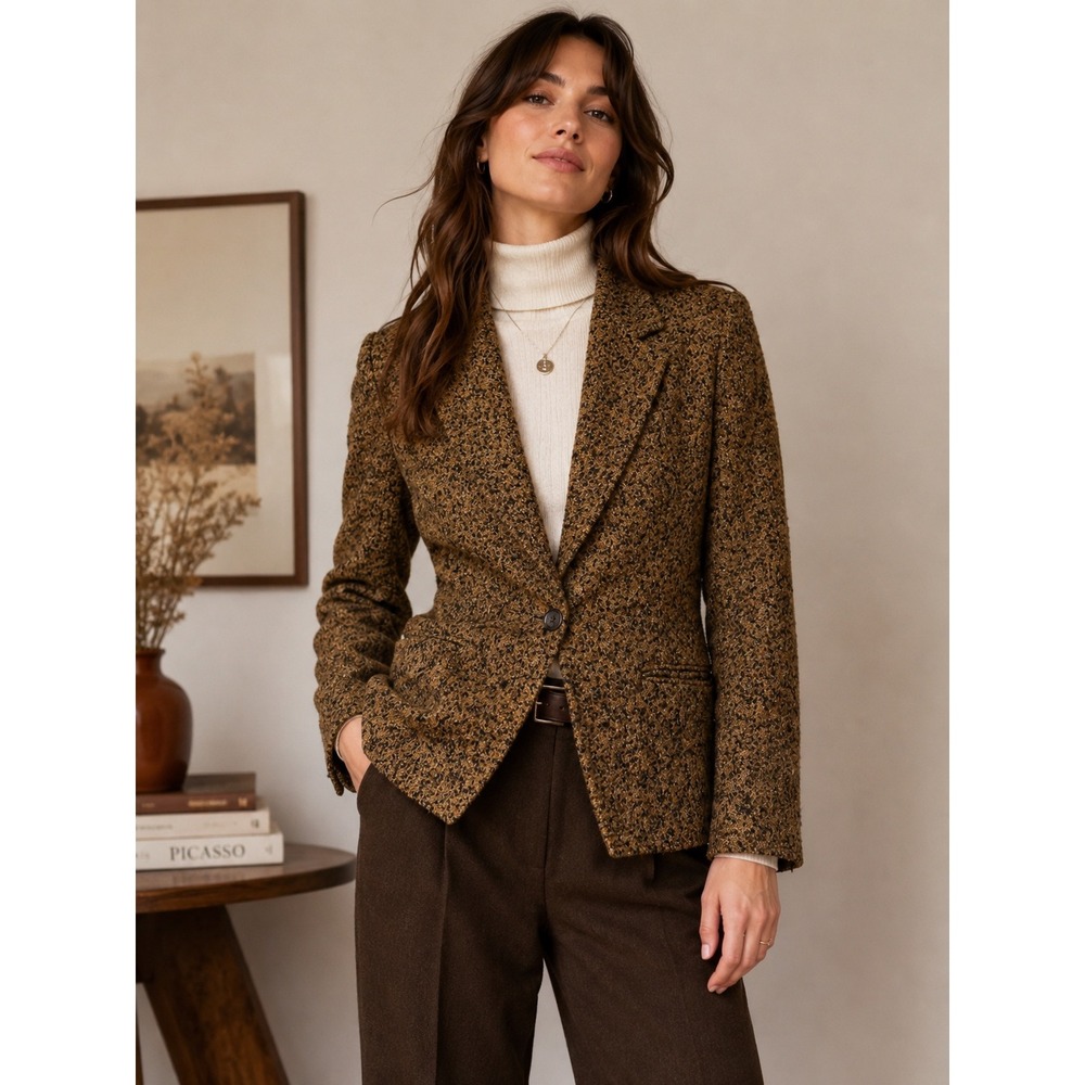 Linda Allard Ellen Tracy Wool Blend Tweed Blazer Brown Black Boucle Jacket Sz 8 - Picture 1 of 6